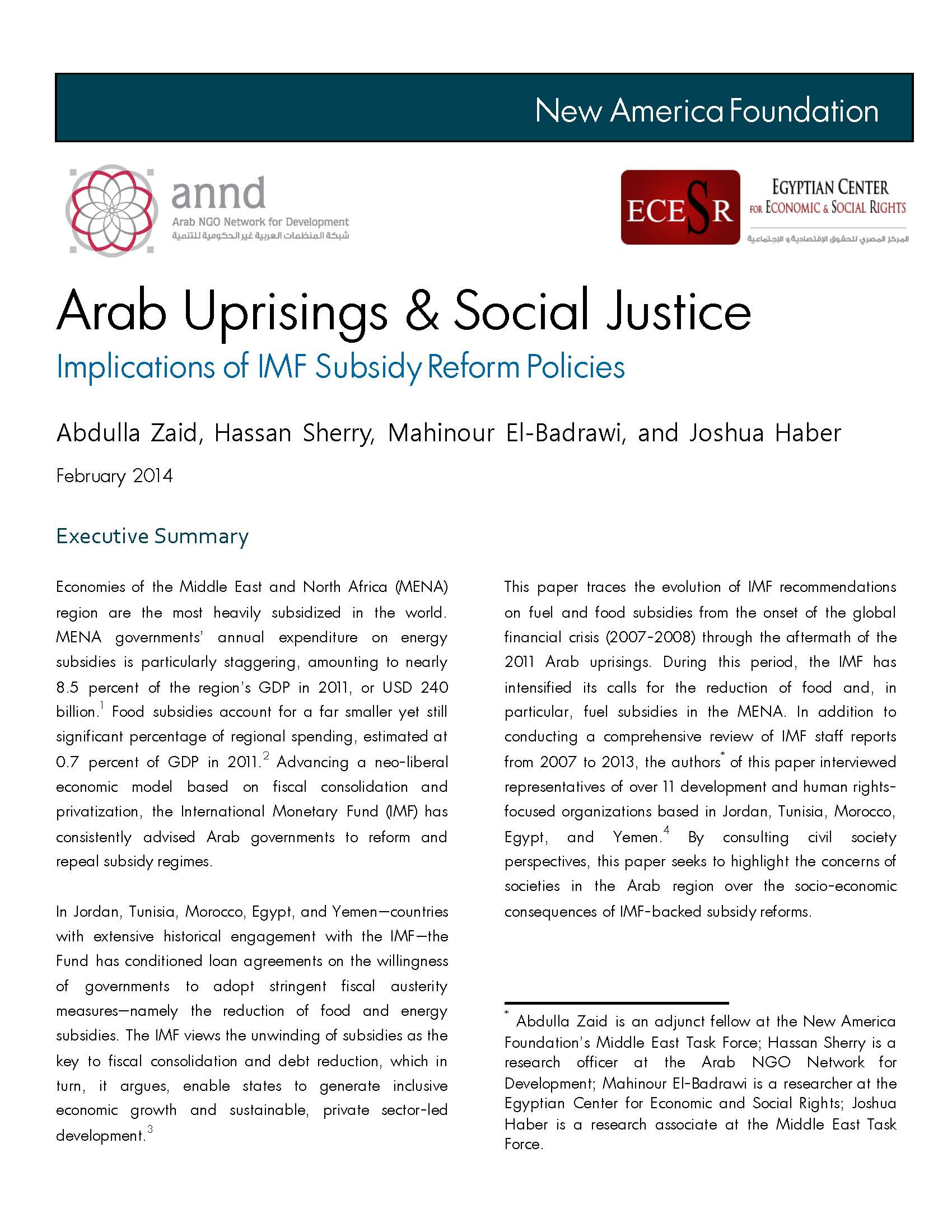 Arab uprisings and Social Justice, implications of IMF subsidy reform policies